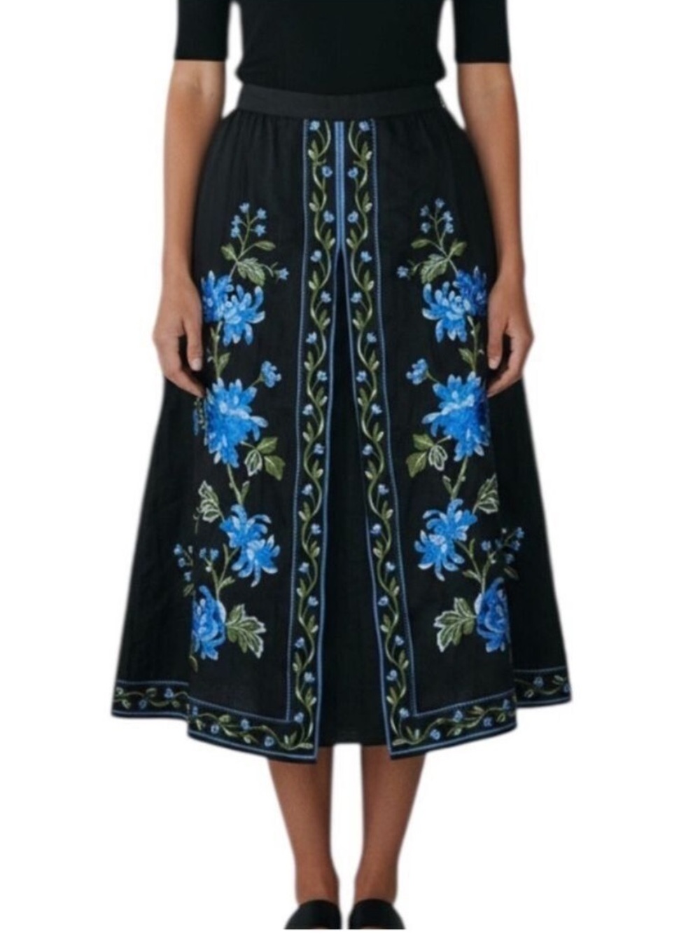 Anne Carson Boho Chic Linen Floral Embroidered A Line Skirt Size 10 Black Blue